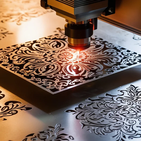 Une machine de découpe laser coupe un morceau de métal avec précision, illustrant le processus de découpe sur mesure.